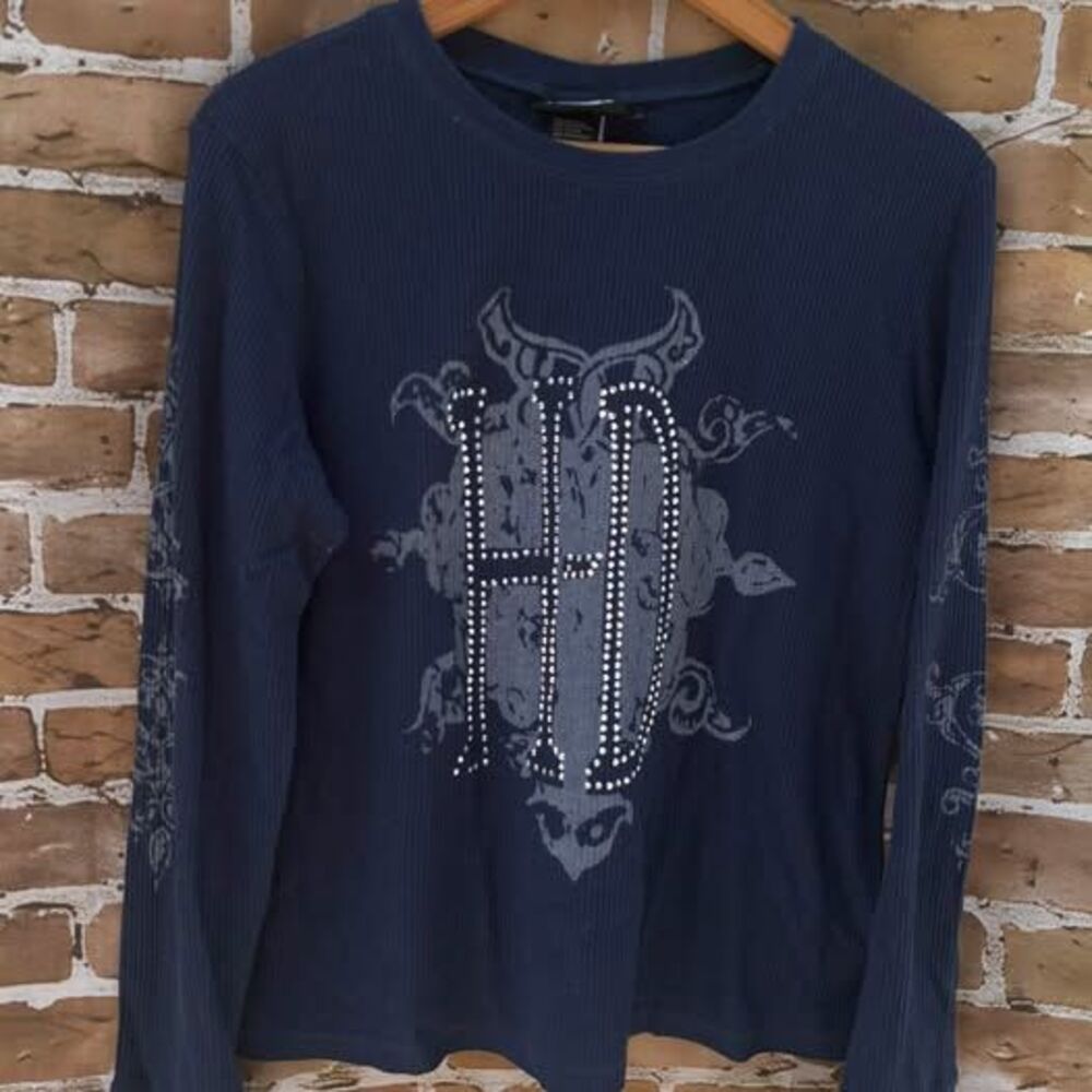 Vtg Harley-Davidson Blue Waffle Knit Long Sleeve Shirt Size XL